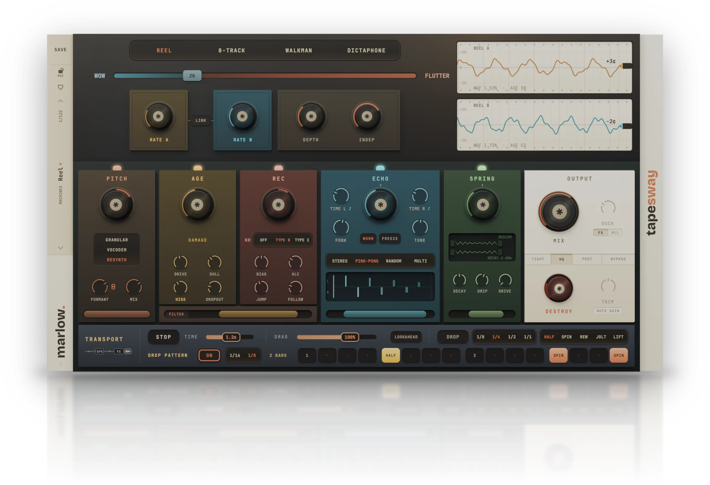 Tape Sway: the movement on top, the five modules and the output, the transport