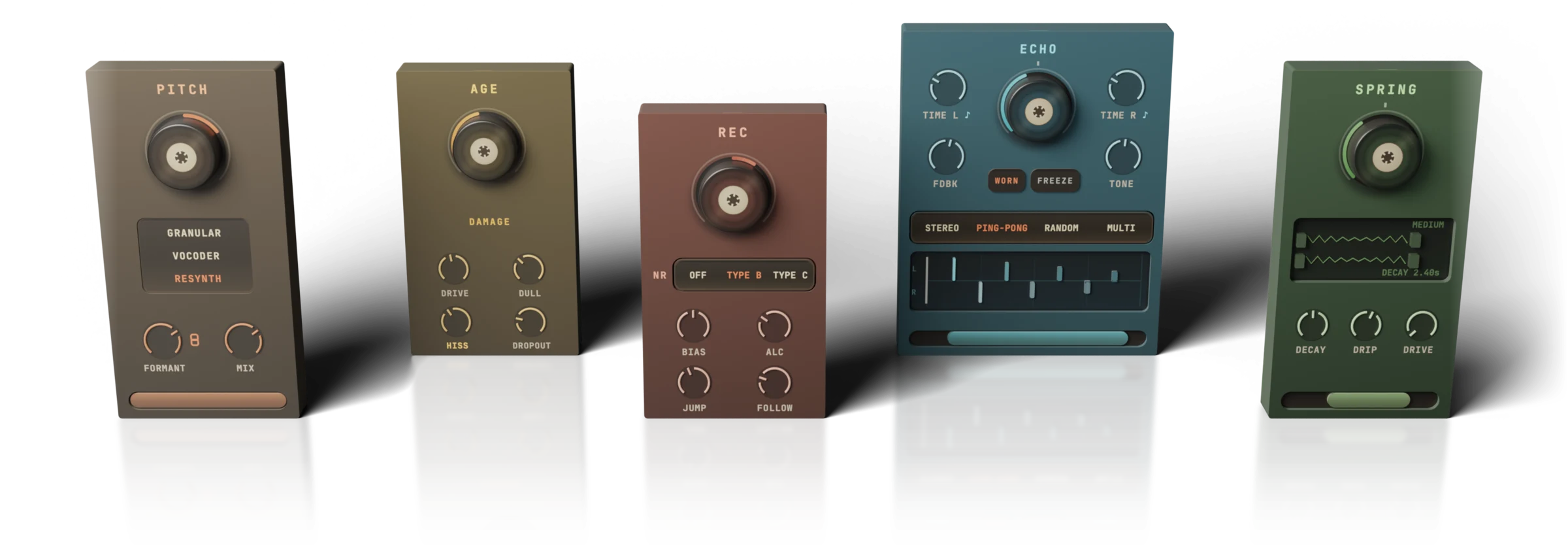 The five modules of Tape Sway, Pitch, Age, Rec, Echo and Spring, standing apart in a row