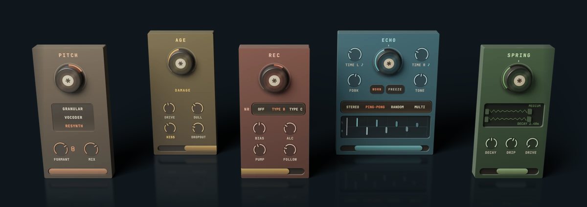 Five of the modules standing side by side: Pitch, Age, Rec, Echo and Spring.